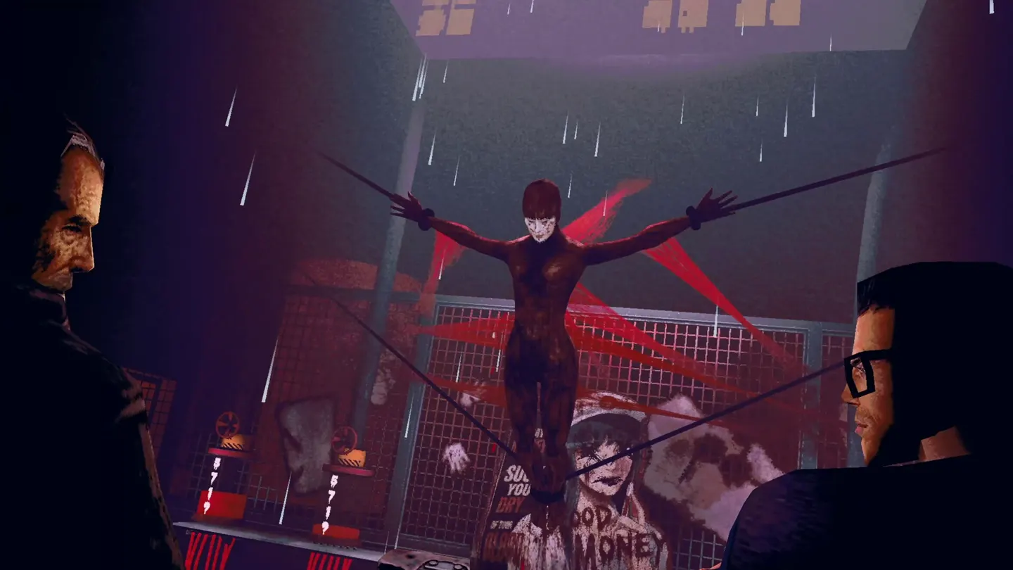 A neon-lit scene showing the game’s grindhouse horror style.