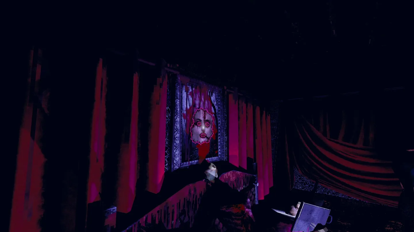 A stitched skin portrait hanging in a dark room from the official gallery.