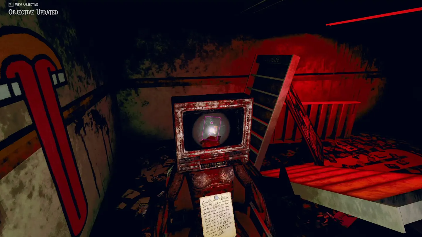 An objective inside the game’s VHS-themed location.